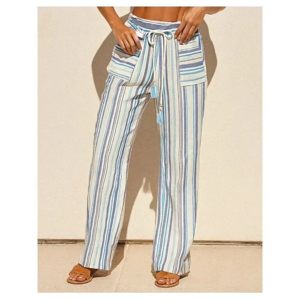 Beau Dawson Linen Blend Blue and White Stripe Tassel Wide Leg Pants Size M